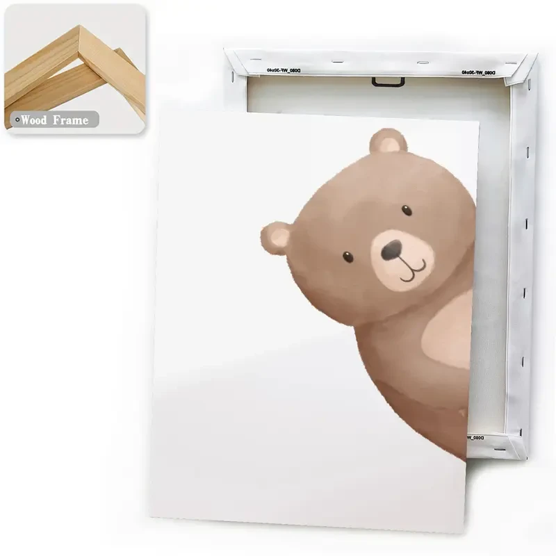 3pcs Wooden Framed Peeping Bear Nursery Print – Neutral Nursery Bear Wall Art for Creative Home Decor
