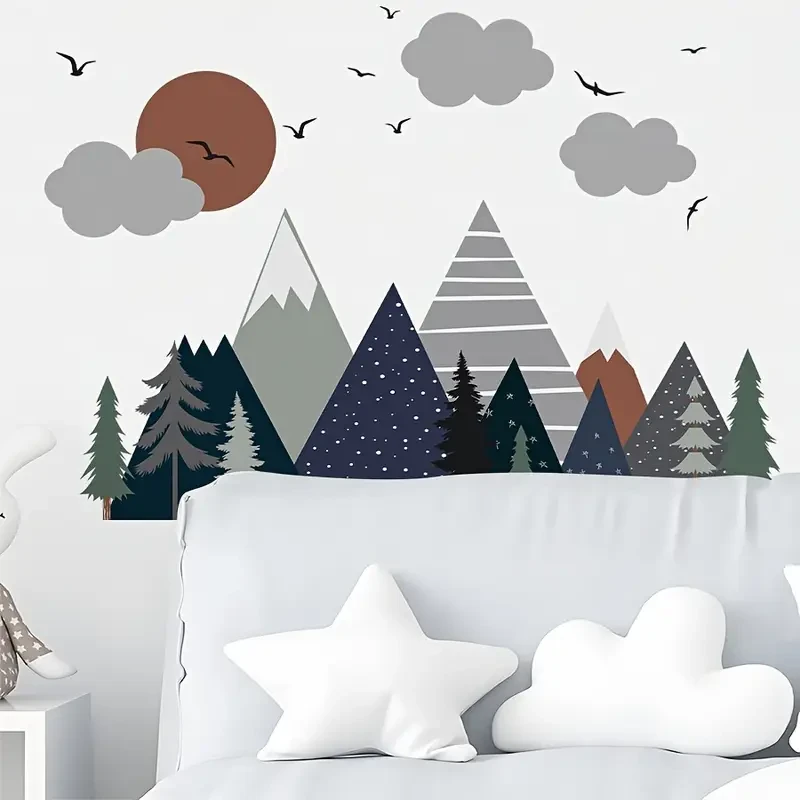 2pcs Boho Watercolor Wall Decals – Mountain, Sun, Tree & Bird Designs for a Creative, Natural Vibe