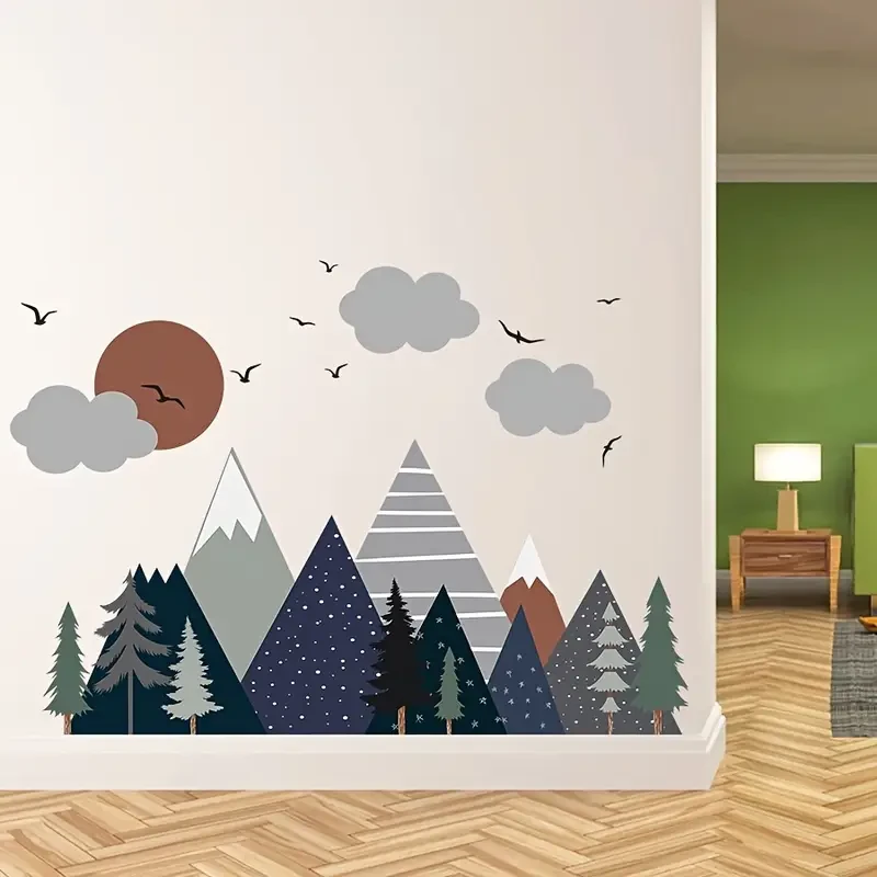 2pcs Boho Watercolor Wall Decals – Mountain, Sun, Tree & Bird Designs for a Creative, Natural Vibe
