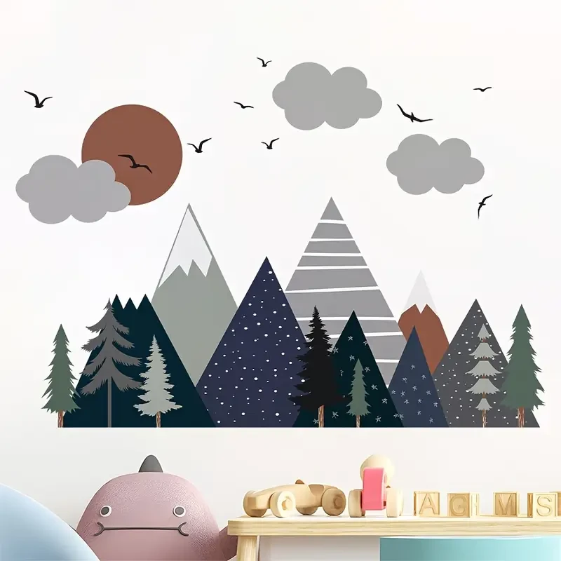 2pcs Boho Watercolor Wall Decals – Mountain, Sun, Tree & Bird Designs for a Creative, Natural Vibe