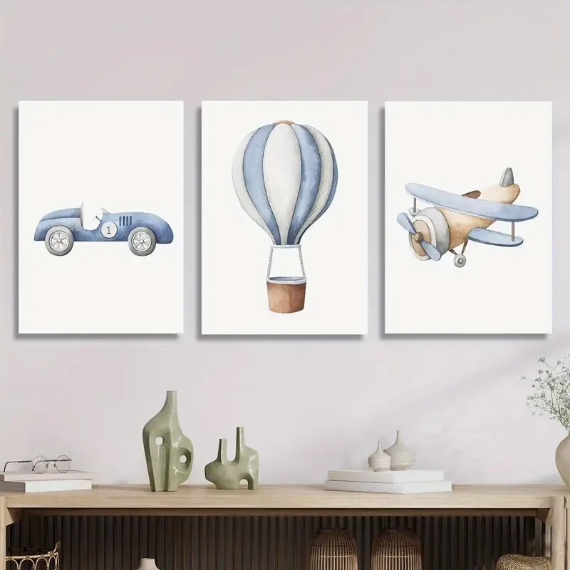 3pcs Wood Framed Canvas Print Art – Cute Watercolor Vehicles and Airplanes Art for Kids’ Rooms