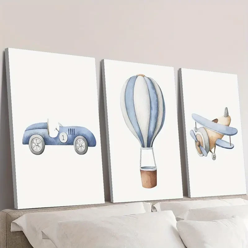3pcs Wood Framed Canvas Print Art – Cute Watercolor Vehicles and Airplanes Art for Kids’ Rooms