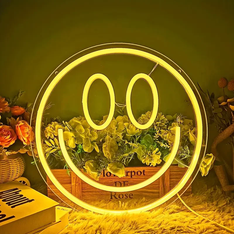 Yellow Smile Face Neon Sign – LED Neon Light Wall Decor for Kids’ Rooms, Bedrooms, and Parties