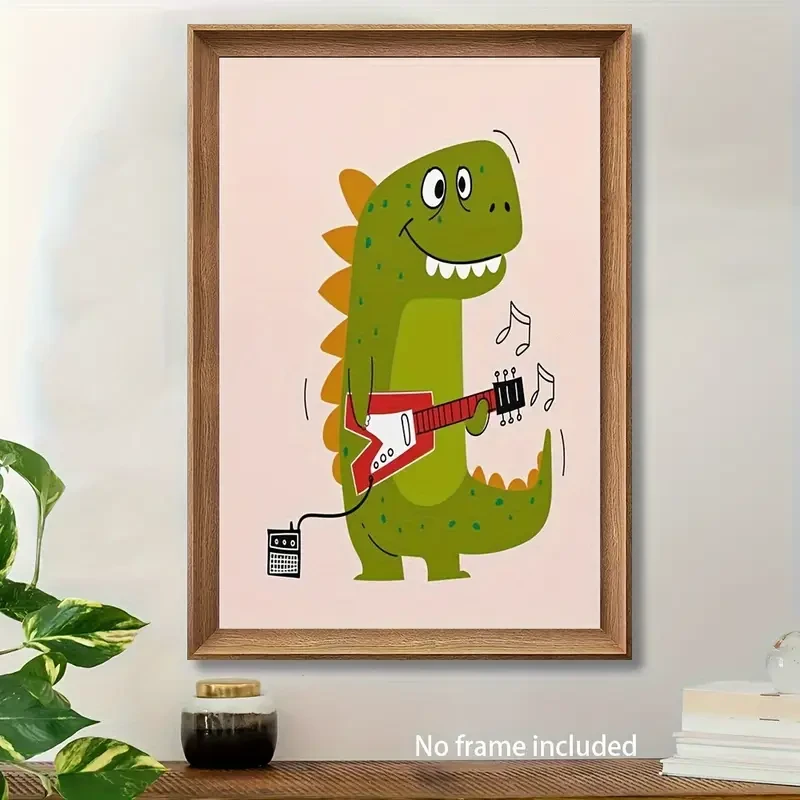 Funny Dinosaur Playing Guitar Canvas Art Print – Whimsical 12x18 Inch Wall Decor for Kids' Rooms
