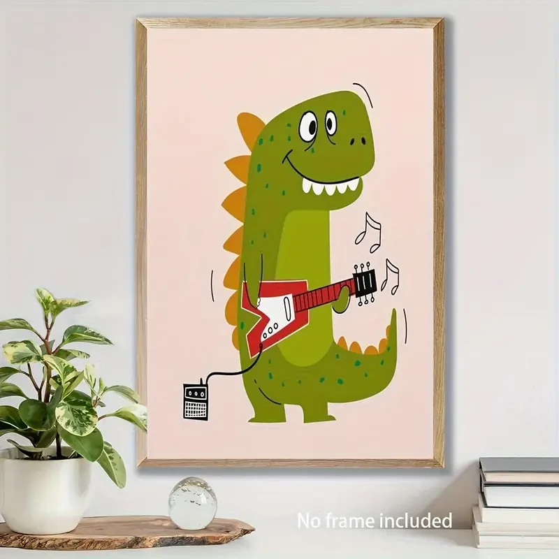 Funny Dinosaur Playing Guitar Canvas Art Print – Whimsical 12x18 Inch Wall Decor for Kids' Rooms