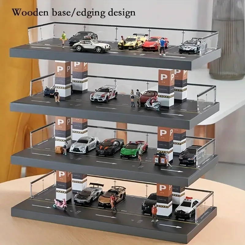 4-Tier 1/64 Scale Acrylic Parking Garage Display with Solid Wood – Transparent Collection & Storage Cabinet for Die-Cast Cars, Educational Stacking Toy, Easy Organization, Ideal for Collectors Ages 14+