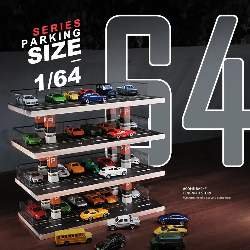 4-Tier 1/64 Scale Acrylic Parking Garage Display with Solid Wood – Transparent Collection & Storage Cabinet for Die-Cast Cars, Educational Stacking Toy, Easy Organization, Ideal for Collectors Ages 14+