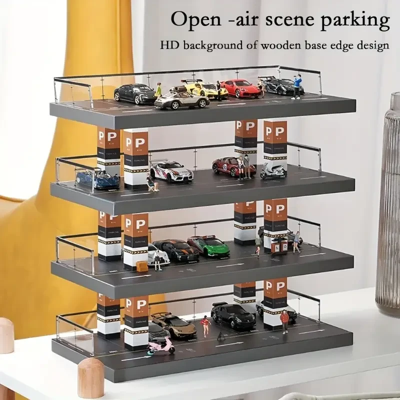 4-Tier 1/64 Scale Acrylic Parking Garage Display with Solid Wood – Transparent Collection & Storage Cabinet for Die-Cast Cars, Educational Stacking Toy, Easy Organization, Ideal for Collectors Ages 14+