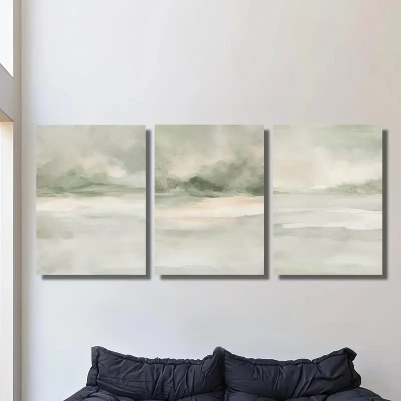 [2D Flat] 3pcs Sage Green Abstract Canvas Wall Art Set – Modern Minimalist Landscape Painting with Wooden Frame for Home, Office, Bedroom, Bathroom, and Restaurant Decor
