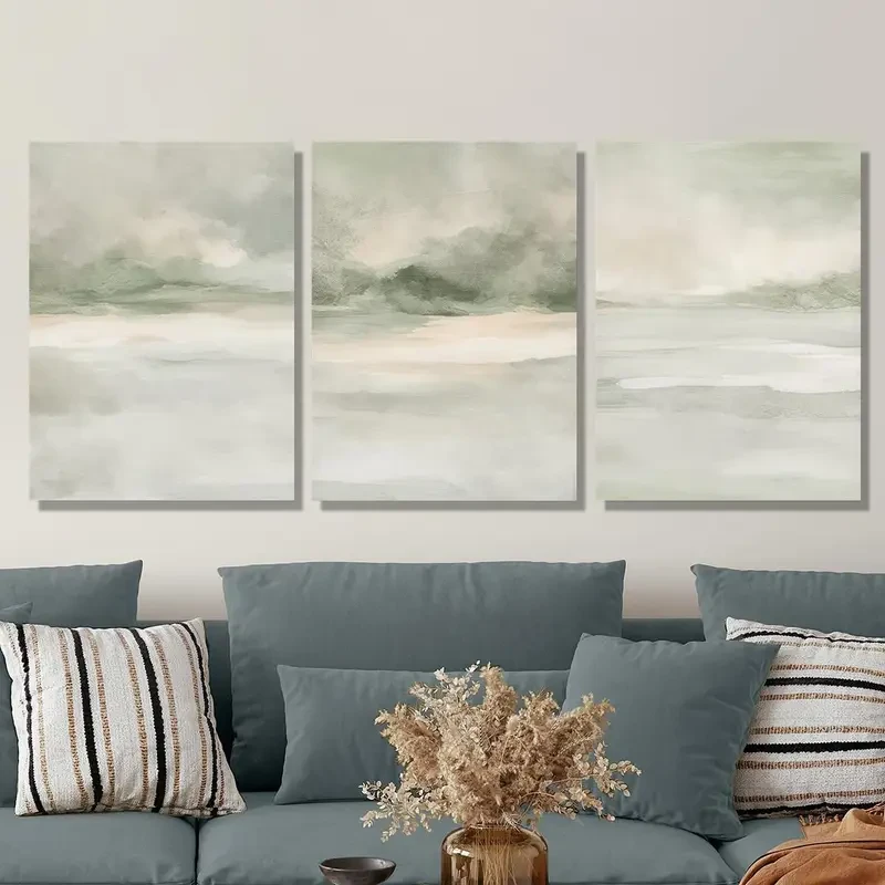 [2D Flat] 3pcs Sage Green Abstract Canvas Wall Art Set – Modern Minimalist Landscape Painting with Wooden Frame for Home, Office, Bedroom, Bathroom, and Restaurant Decor