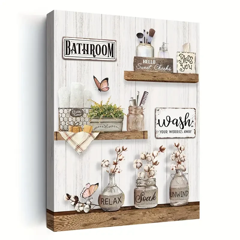 1pc Wooden Framed Farmhouse Bathroom Decor Wall Art – Rustic Flower and Butterfly Canvas Print for Country Bathroom, "Soak, Relax, Unwind" Bathroom Wall Art, Framed and Ready to Hang – 11.8"x15.7"