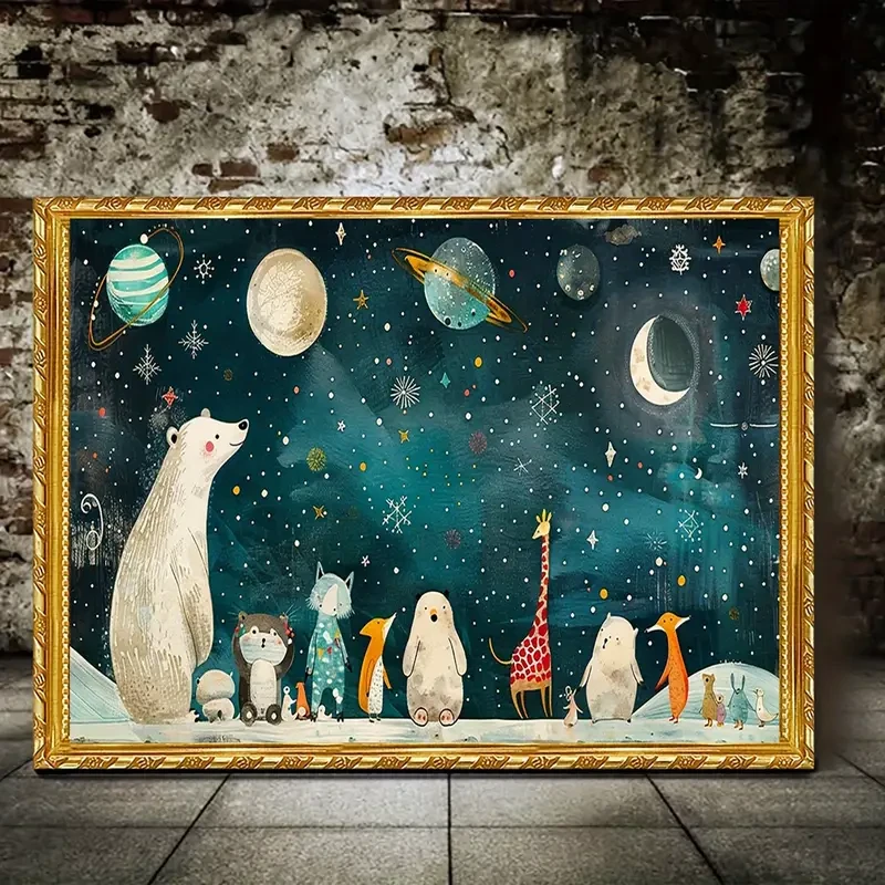2D Animal Gathering Canvas Wall Art – Whimsical Forest Scene with Polar Bear, Deer, and Squirrels, Frameless 16x12, Ideal for Home, Bedroom, Kitchen, Bathroom, Hotel, Cafe, Office, and More