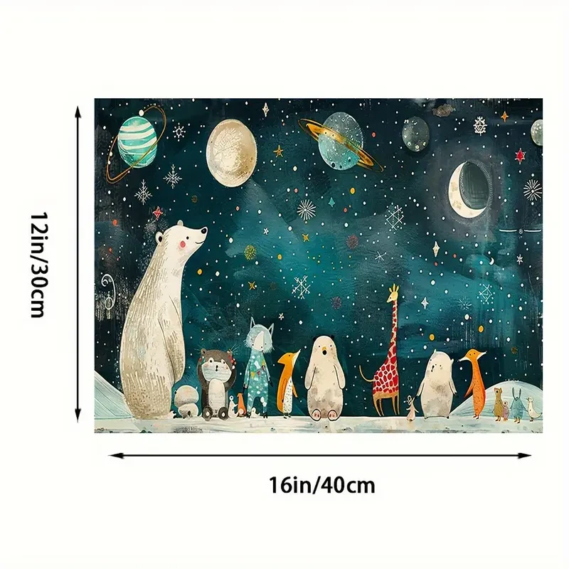 2D Animal Gathering Canvas Wall Art – Whimsical Forest Scene with Polar Bear, Deer, and Squirrels, Frameless 16x12, Ideal for Home, Bedroom, Kitchen, Bathroom, Hotel, Cafe, Office, and More
