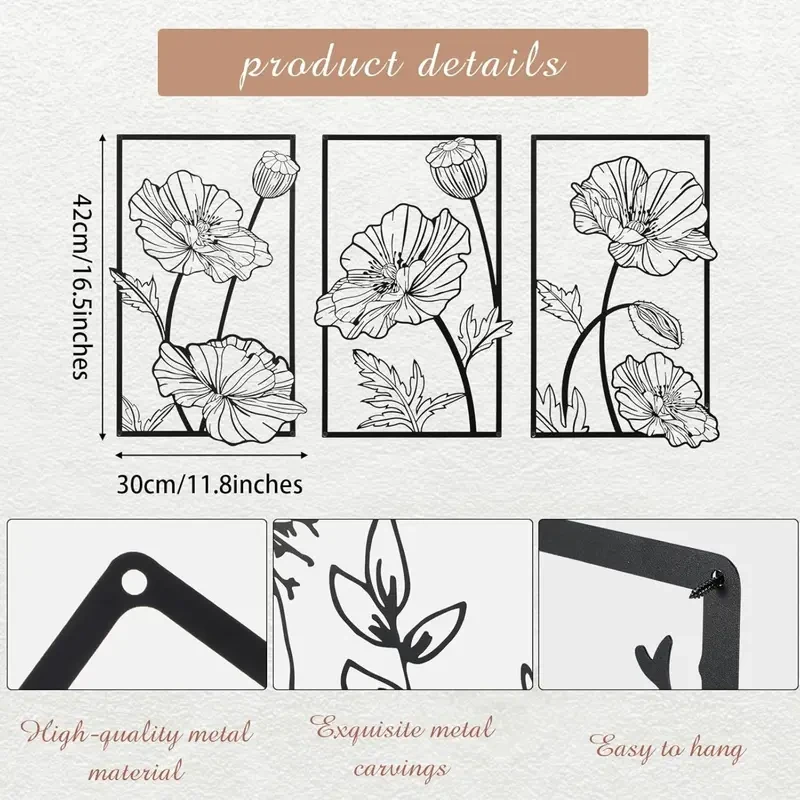 3pcs Black Metal Wall Art – Minimalist Flower Line Wall Sculpture for Bedroom, Bathroom, and Kitchen Decoration