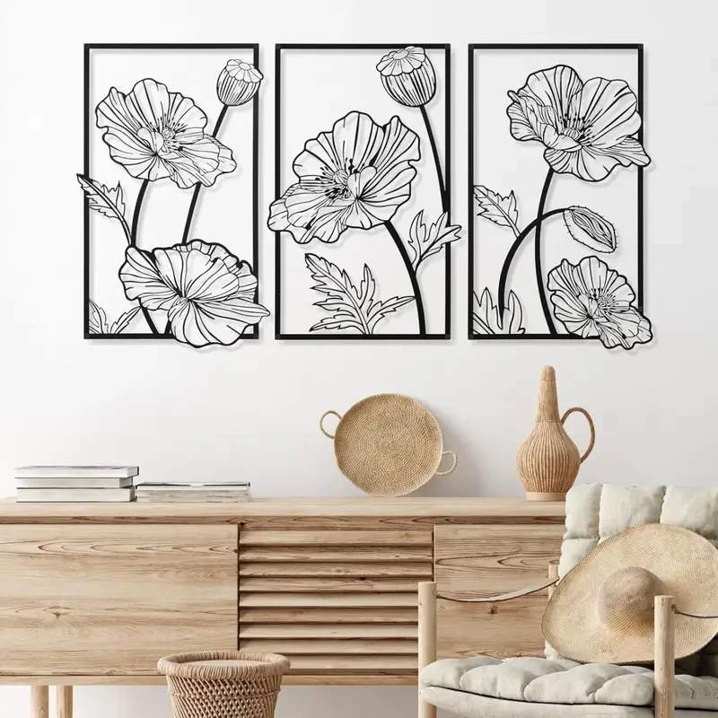 3pcs Black Metal Wall Art – Minimalist Flower Line Wall Sculpture for Bedroom, Bathroom, and Kitchen Decoration