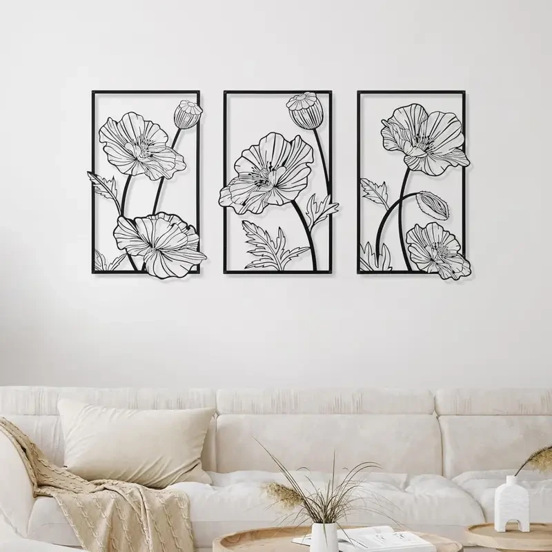 3pcs Black Metal Wall Art – Minimalist Flower Line Wall Sculpture for Bedroom, Bathroom, and Kitchen Decoration