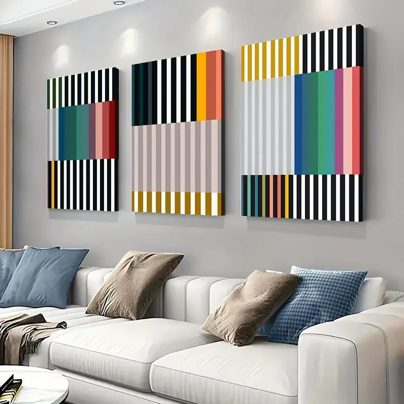 3-Piece Abstract Geometric Canvas Art Print Set – Modern & Art Deco Style, Ink on Canvas, Wrap Canvas Frames for Home Office, Living Room, Bedroom, Bathroom, Dining Room - Vertical Orientation