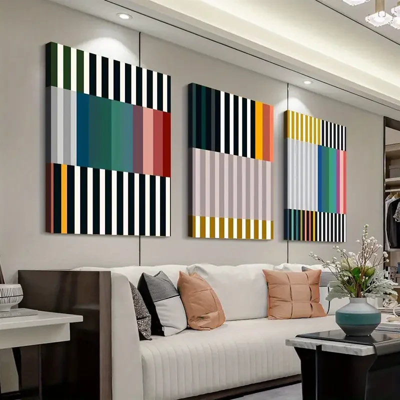 3-Piece Abstract Geometric Canvas Art Print Set – Modern & Art Deco Style, Ink on Canvas, Wrap Canvas Frames for Home Office, Living Room, Bedroom, Bathroom, Dining Room - Vertical Orientation