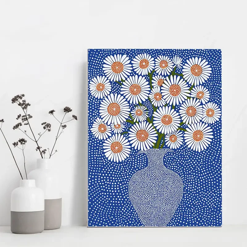 1pc Framed Daisies Blue Vase Floral Wall Art Canvas Print – White Polka Dot Background, Modern Gallery Artwork for Home, Bedroom, Bathroom, Living Room Decor – Wooden Frame, Perfect for Room Decor
