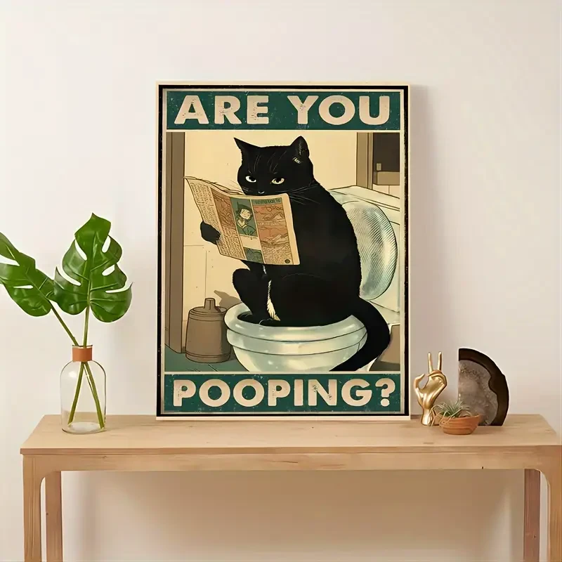 [Funny Cat Art] Funny Black Cat Canvas Art – "Are You Pooping?" Humorous Wall Decor with Wooden Frame, 11.8x15.7 Inches, Perfect for Bathroom, Living Room, Bedroom, Unique Gift Idea, Cat Decor