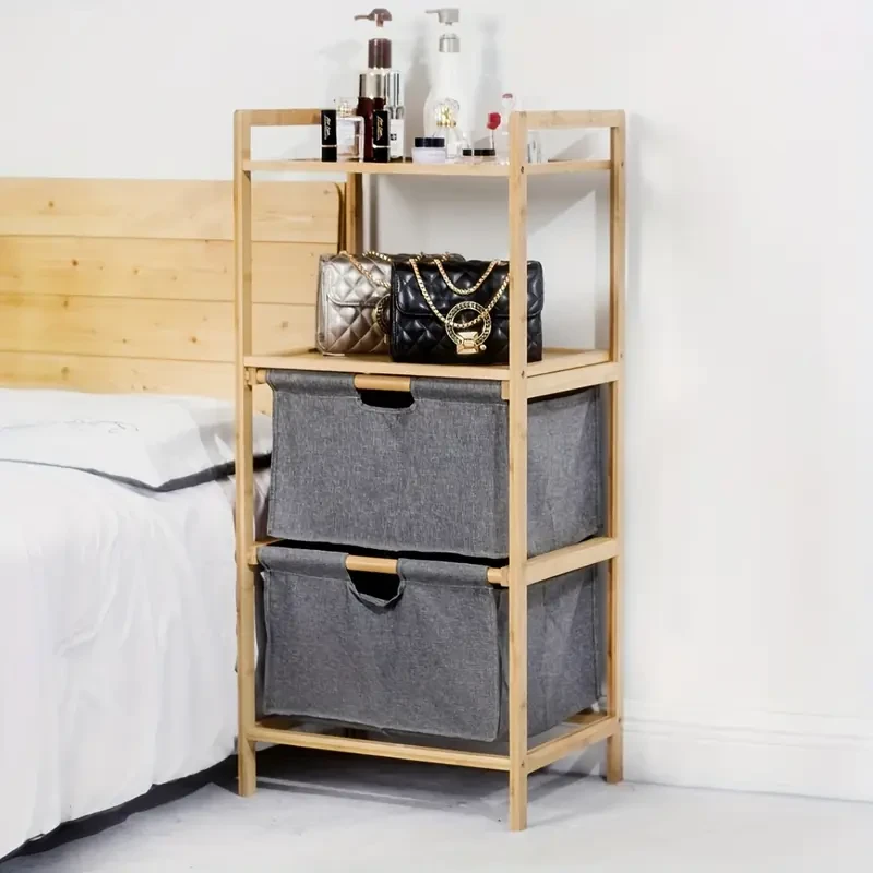 Natural Bamboo 2 Tier Storage Rack with 2 Fabric Drawers – Multifunctional Organizer Shelf for Clothes, Towels, Toys, Books & More