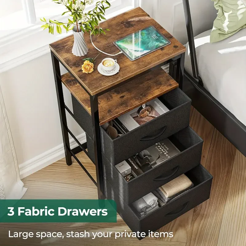 Industrial Style Metal Frame Bedside Table with 3 Fabric Storage Drawers – Multi-Purpose Nightstand Organizer for Living Room, Office, Bedroom, and More