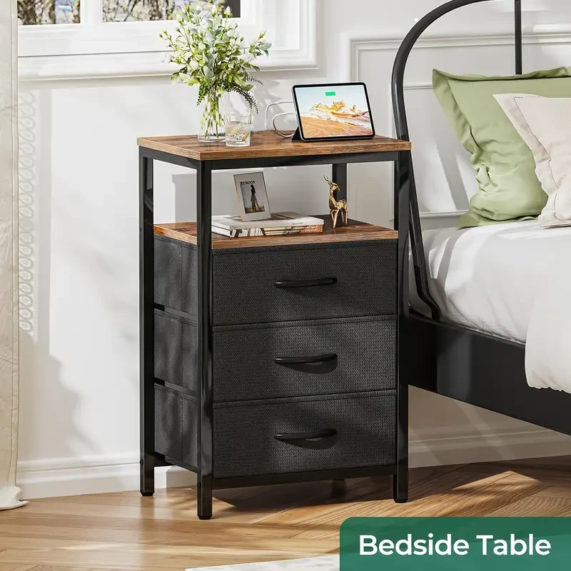 Industrial Style Metal Frame Bedside Table with 3 Fabric Storage Drawers – Multi-Purpose Nightstand Organizer for Living Room, Office, Bedroom, and More