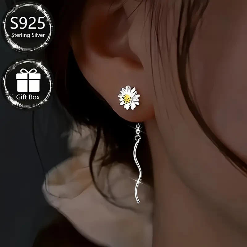 1 Pair of S925 Sterling Silver Fashion Women’s Dangling Earrings – Elegant Daisy Line Tassel Design for Everyday and Special Occasions