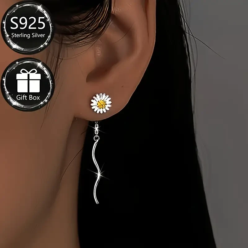 1 Pair of S925 Sterling Silver Fashion Women’s Dangling Earrings – Elegant Daisy Line Tassel Design for Everyday and Special Occasions