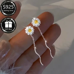 1 Pair of S925 Sterling Silver Fashion Women’s Dangling Earrings – Elegant Daisy Line Tassel Design for Everyday and Special Occasions