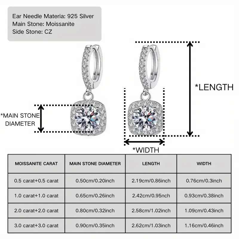 1 Pair of 2.0 Ct White Moissanite Earrings, 3.6g S925 Sterling Silver – Sparkling Square Cut with Rhodium Plating, Perfect for Special Occasions and Daily Wear
