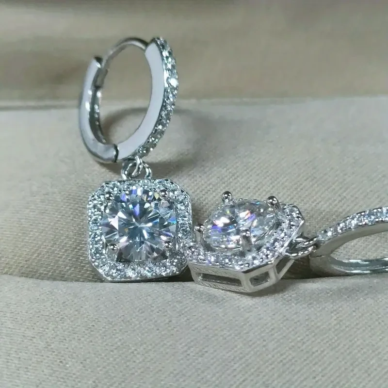 1 Pair of 2.0 Ct White Moissanite Earrings, 3.6g S925 Sterling Silver – Sparkling Square Cut with Rhodium Plating, Perfect for Special Occasions and Daily Wear
