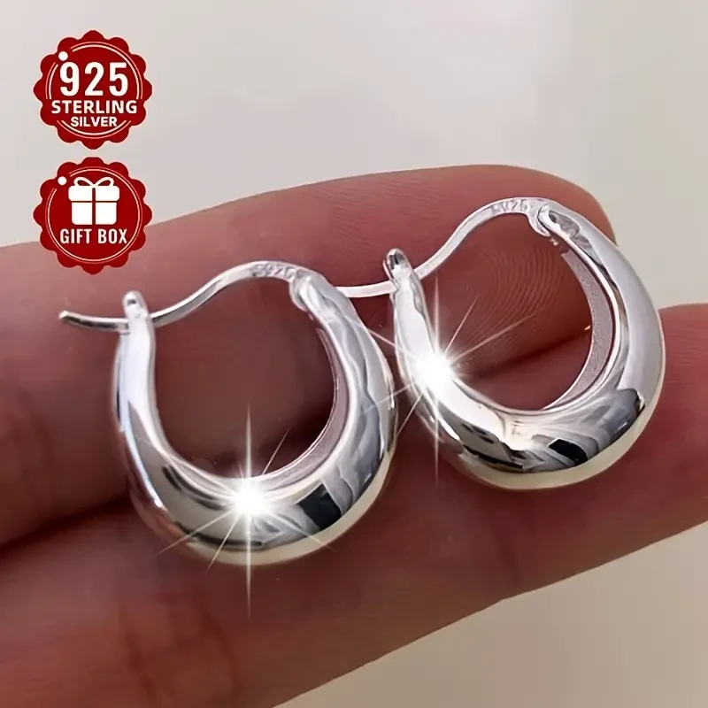 2pcs Women’s Fashion Ring and Earring Set – 925 Sterling Silver Crescent U-Shaped Hoop Earrings, Simple Style for Daily Wear, Travel, and Parties