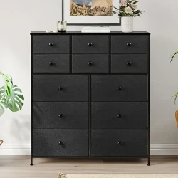 1pc Dressing Table with 12 Fabric Drawers – Large-Capacity Drawer Cabinet, Wooden Top, Steel Frame Storage Organizer for Bedroom, Closet, Hallway, and Living Room (Black)