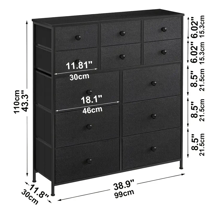 1pc Dressing Table with 12 Fabric Drawers – Large-Capacity Drawer Cabinet, Wooden Top, Steel Frame Storage Organizer for Bedroom, Closet, Hallway, and Living Room (Black)