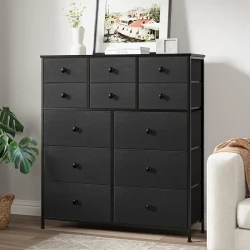 1pc Dressing Table with 12 Fabric Drawers – Large-Capacity Drawer Cabinet, Wooden Top, Steel Frame Storage Organizer for Bedroom, Closet, Hallway, and Living Room (Black)