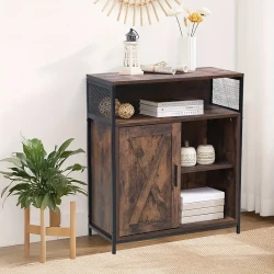 Industrial Sideboard Buffet Cabinet with Open Compartment and 5 Shelves – Rustic Brown Finish with Stable Metal Frame, Half-Door Design, Perfect for Living Room and Home Storage