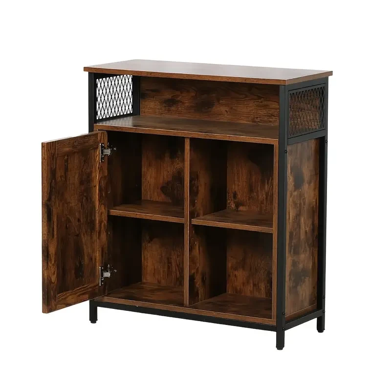 Industrial Sideboard Buffet Cabinet with Open Compartment and 5 Shelves – Rustic Brown Finish with Stable Metal Frame, Half-Door Design, Perfect for Living Room and Home Storage