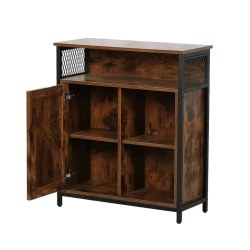 Industrial Sideboard Buffet Cabinet with Open Compartment and 5 Shelves – Rustic Brown Finish with Stable Metal Frame, Half-Door Design, Perfect for Living Room and Home Storage
