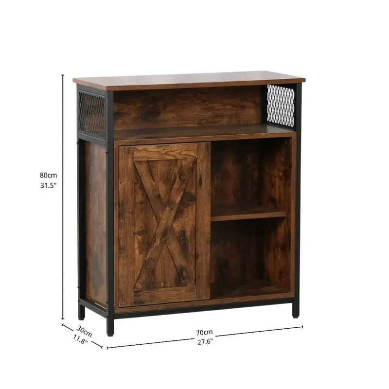 Industrial Sideboard Buffet Cabinet with Open Compartment and 5 Shelves – Rustic Brown Finish with Stable Metal Frame, Half-Door Design, Perfect for Living Room and Home Storage