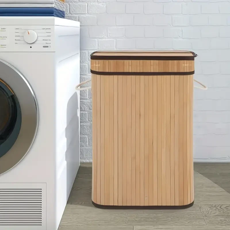 Natural Bamboo Laundry Hamper with Lid – 72L Capacity, Foldable & Removable Lining, Sturdy Wooden Lid, Contemporary Rectangular Design for Laundry Room Organization