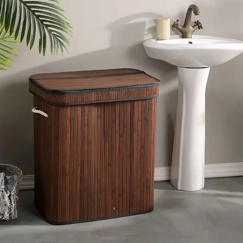 Natural Bamboo Laundry Hamper with Lid – 72L Capacity, Foldable & Removable Lining, Sturdy Wooden Lid, Contemporary Rectangular Design for Laundry Room Organization