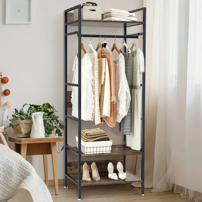 Heavy Duty Industrial Entryway Clothes Rail with Storage Shelves – Free Standing Garment Shelf Organizer for Bedroom, Cloakroom, and Entryway