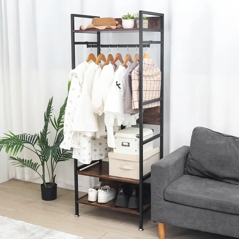 Heavy Duty Industrial Entryway Clothes Rail with Storage Shelves – Free Standing Garment Shelf Organizer for Bedroom, Cloakroom, and Entryway