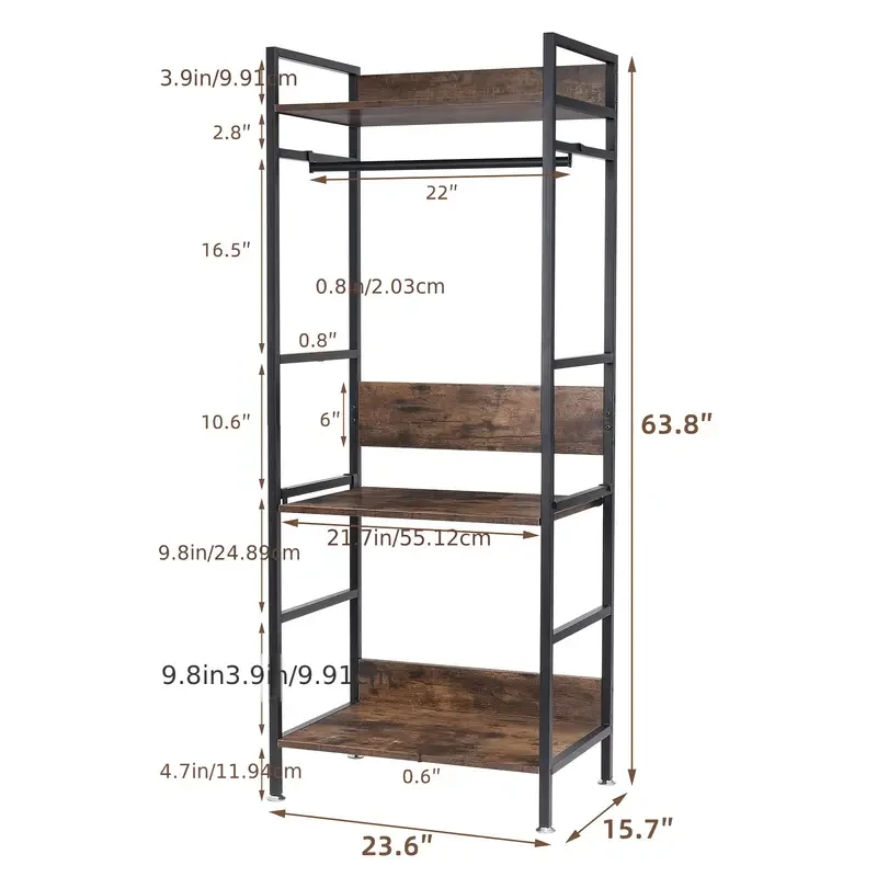 Heavy Duty Industrial Entryway Clothes Rail with Storage Shelves – Free Standing Garment Shelf Organizer for Bedroom, Cloakroom, and Entryway