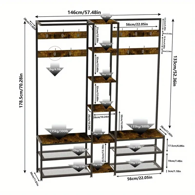 Heavy Duty Freestanding Corner Coat Rack with Shoe Bench & 10 Hooks – Metal & Hardwood Construction, Rustic Brown & Black, Multi-Purpose Entryway Organizer for Hallways, Condos, and Apartments