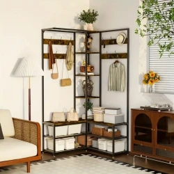 Heavy Duty Freestanding Corner Coat Rack with Shoe Bench & 10 Hooks – Metal & Hardwood Construction, Rustic Brown & Black, Multi-Purpose Entryway Organizer for Hallways, Condos, and Apartments