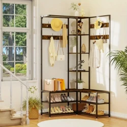 Heavy Duty Freestanding Corner Coat Rack with Shoe Bench & 10 Hooks – Metal & Hardwood Construction, Rustic Brown & Black, Multi-Purpose Entryway Organizer for Hallways, Condos, and Apartments