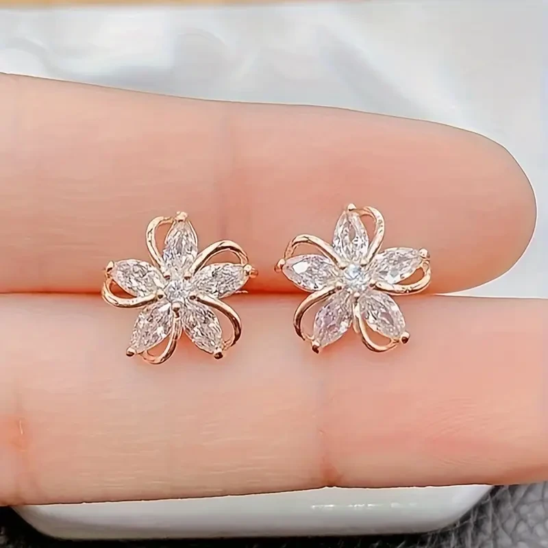 Elegant Rose Golden Cubic Zirconia Flower Stud Earrings – Vintage-Inspired, Stainless Steel Posts, Perfect for Daily Wear or Gift for Women & Sisters