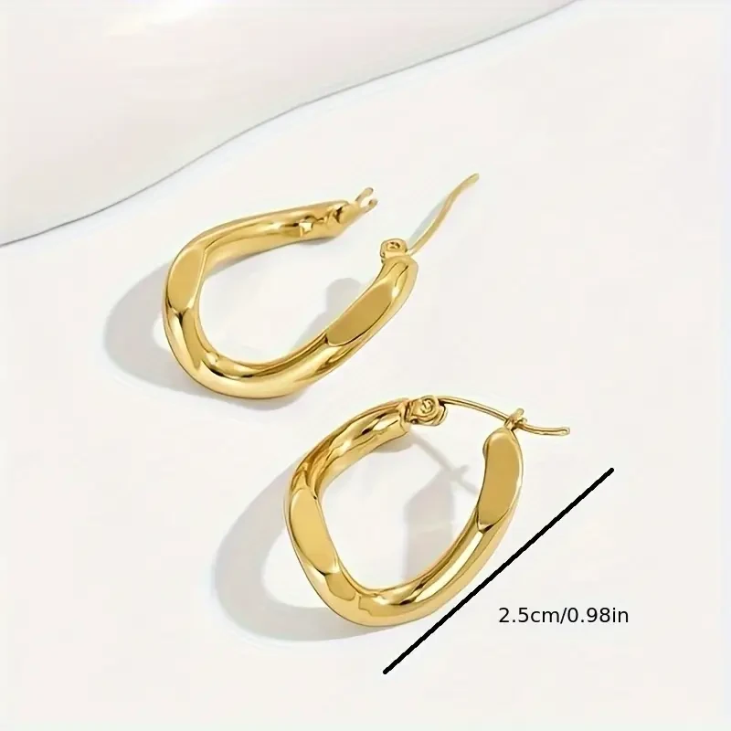 1 Pair of Irregular Shaped Round Earrings – Stainless Steel Electroplated, Fashionable & Classic Style, Ladies Hoop Earrings